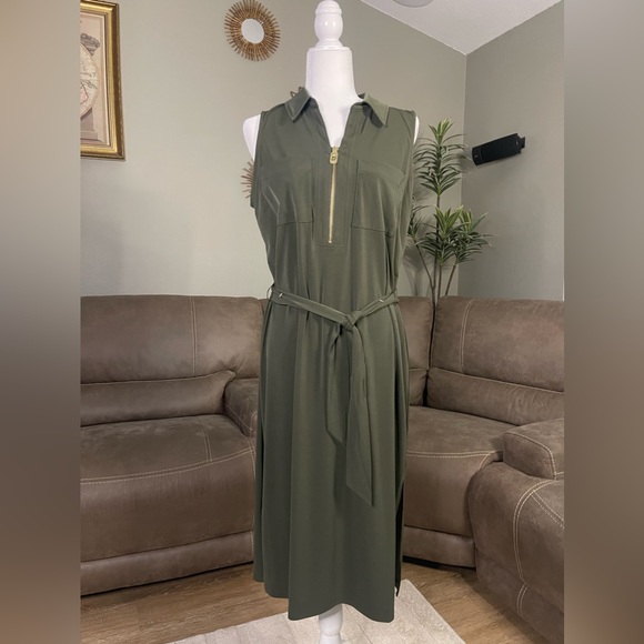 CHIC NWT Michael Kors MK Green Ivy Belted Dress Sz L Large - Picture 2 of 11